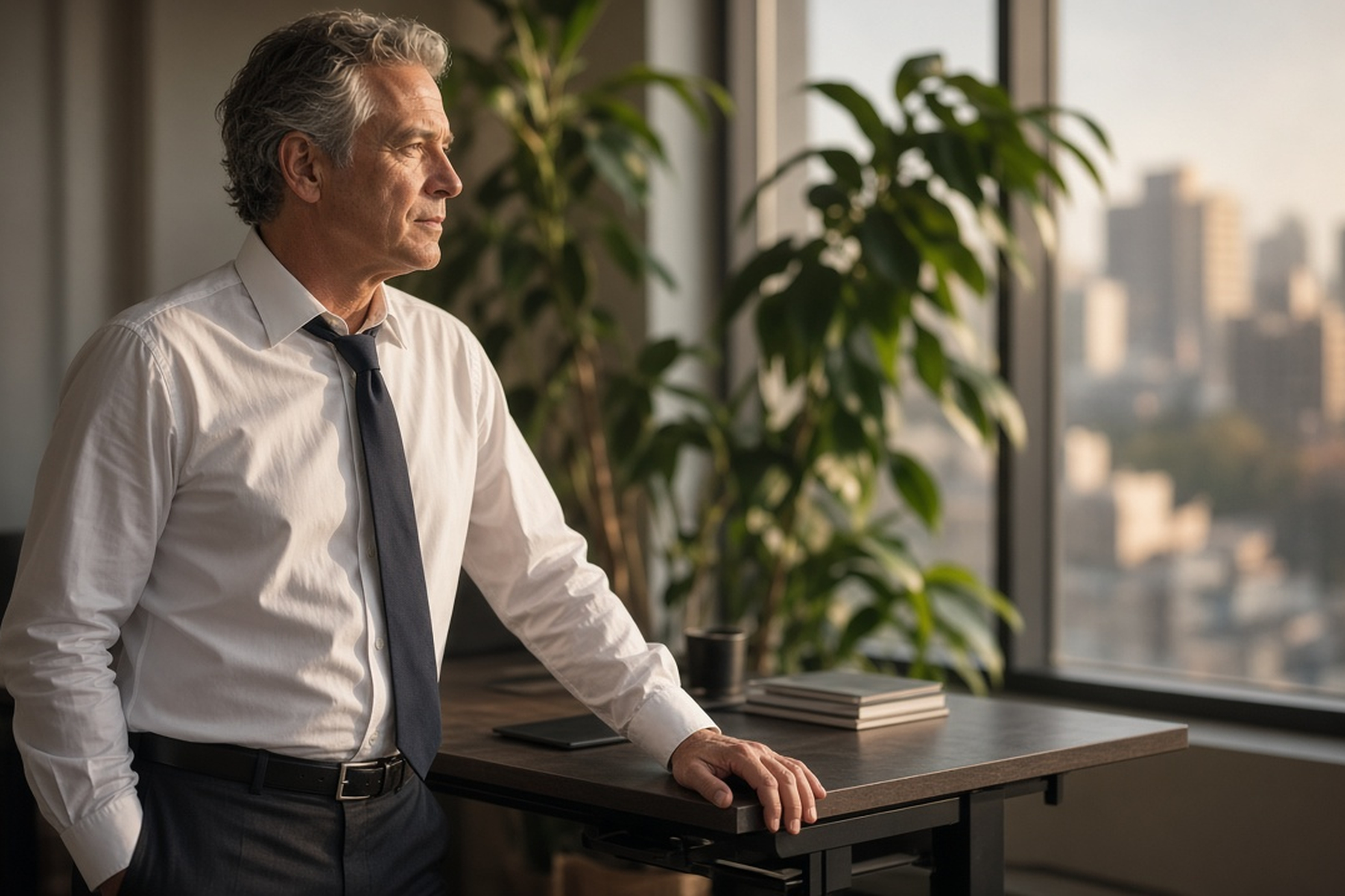 Man standing at a desk in a white dress shirt with tie loosened