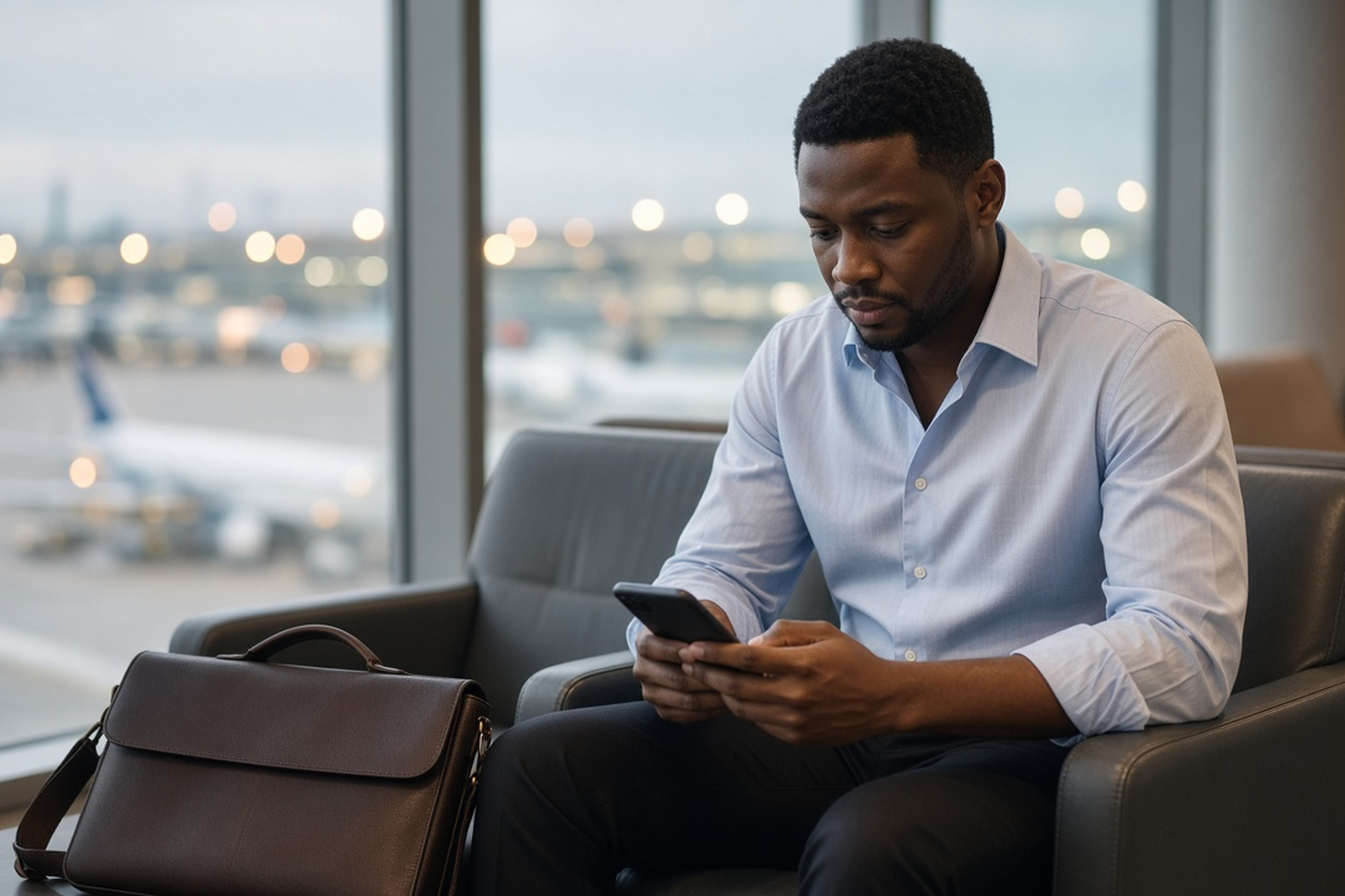 Man in a pale-blue dress shirt seated in an airport lounge