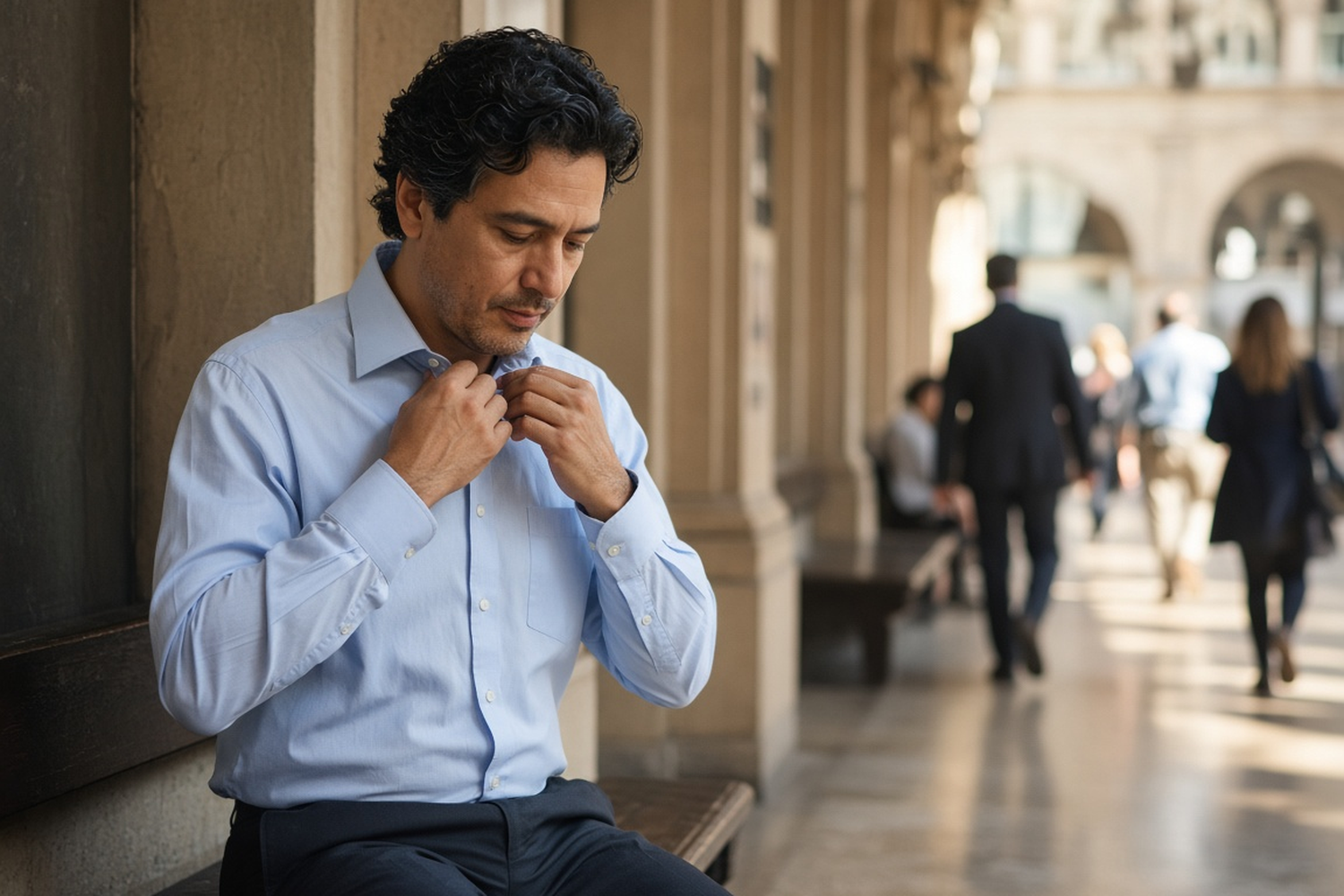 Man buttoning the collar of a dress shirt