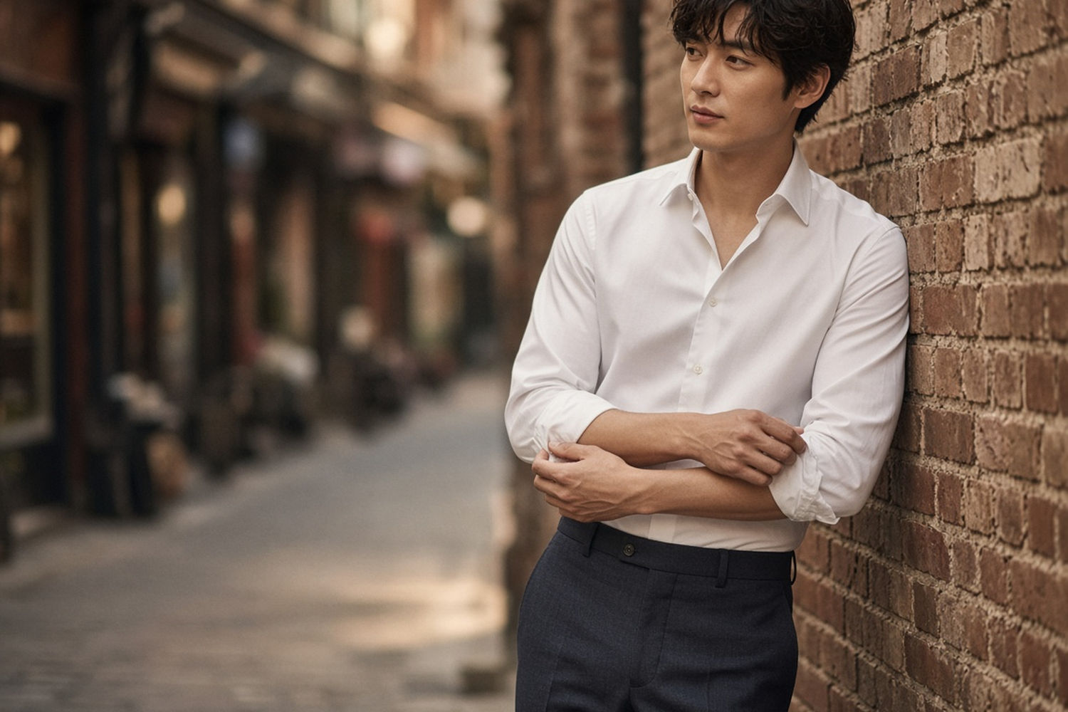 Man rolling up the sleeve of a slim-fit dress shirt