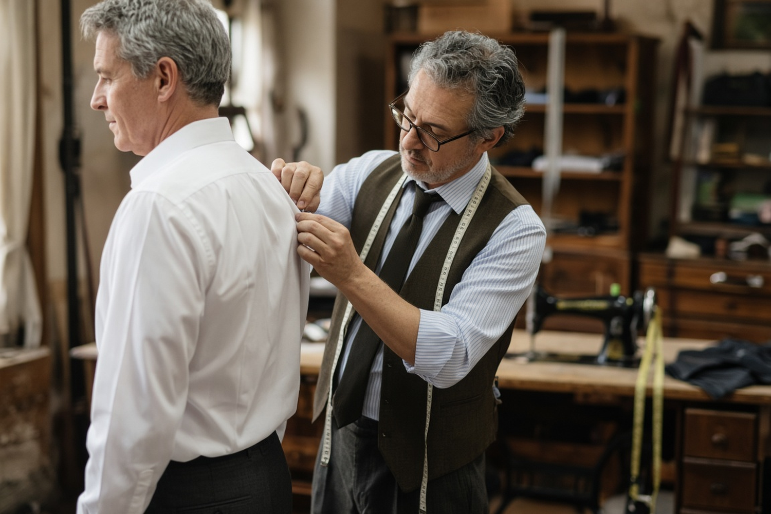 Tailor pinning the back of a dress shirt for alterations