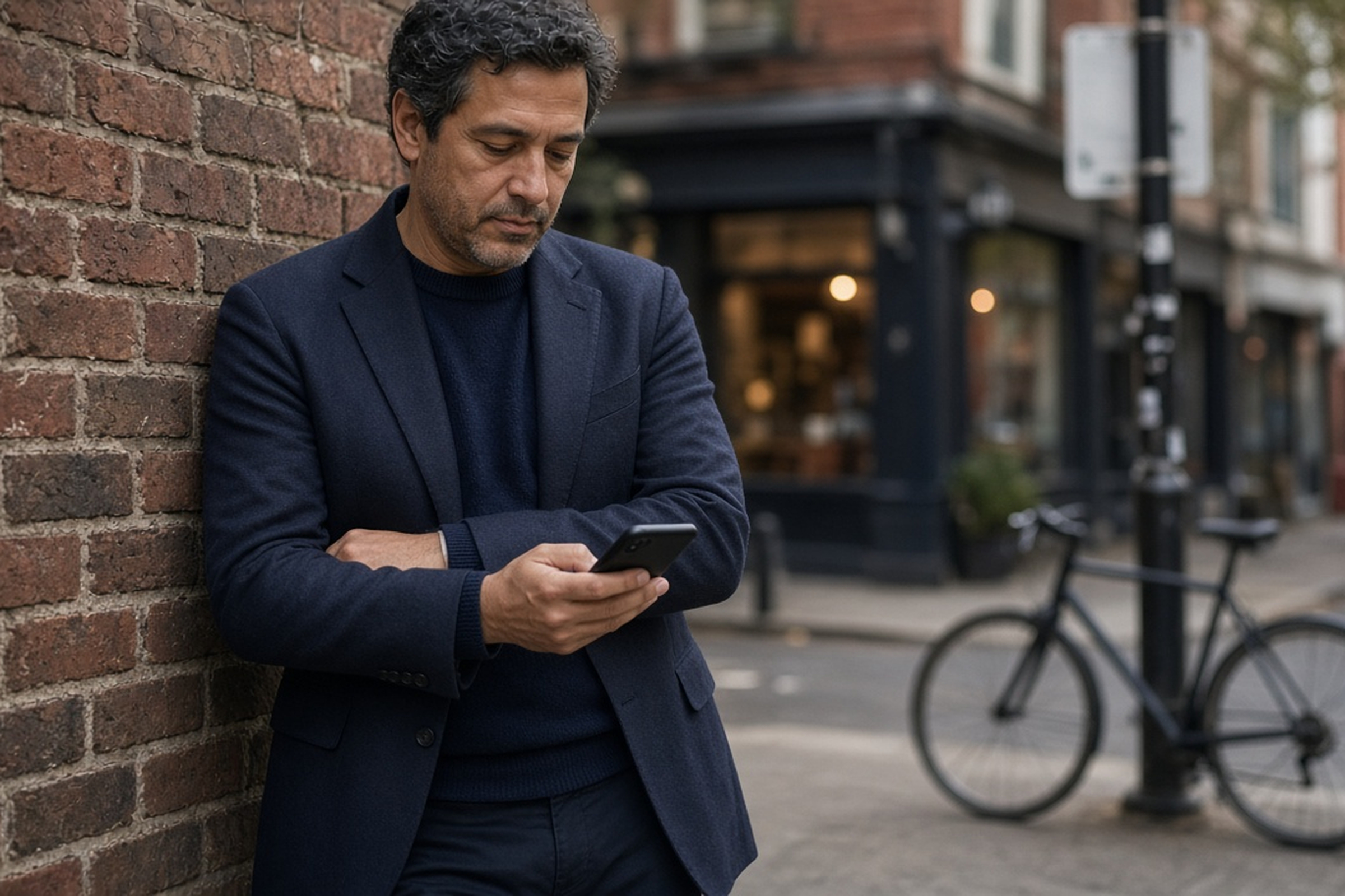 Man wearing a suit jacket over a sweater leaning against a brick wall