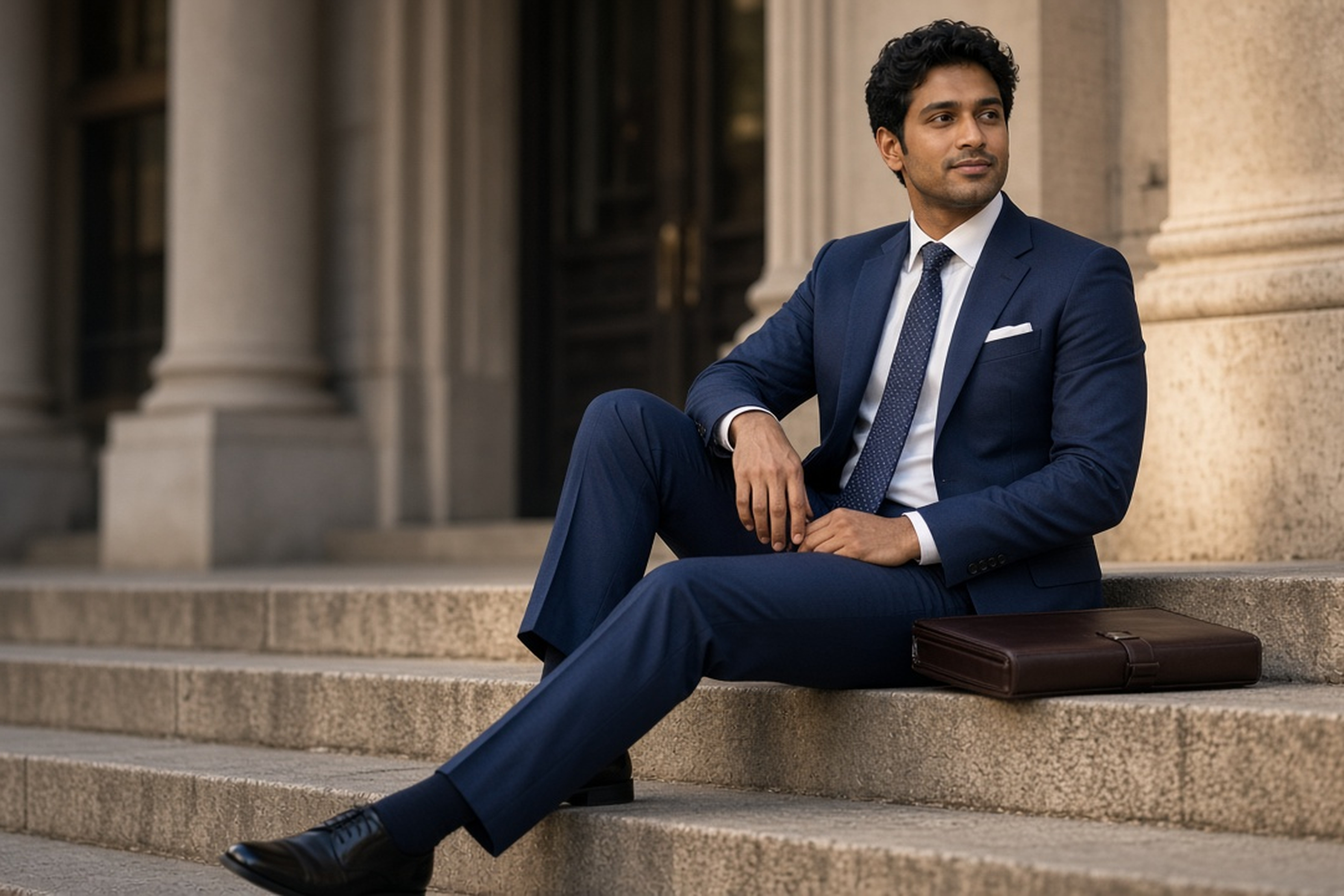 Man in a navy suit and tie seated on stone library steps