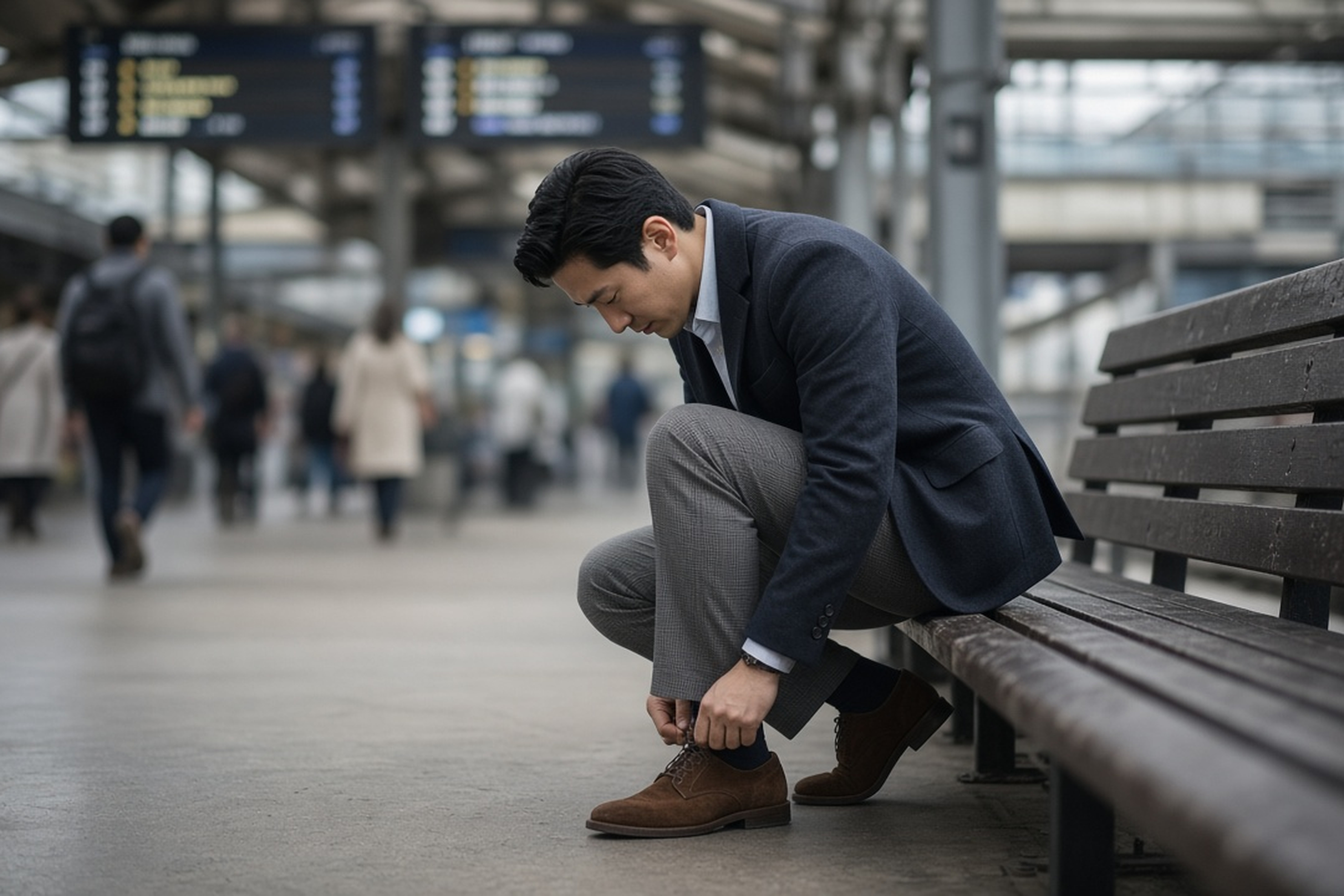 Man in a suit jacket and contrasting trousers on a train platform