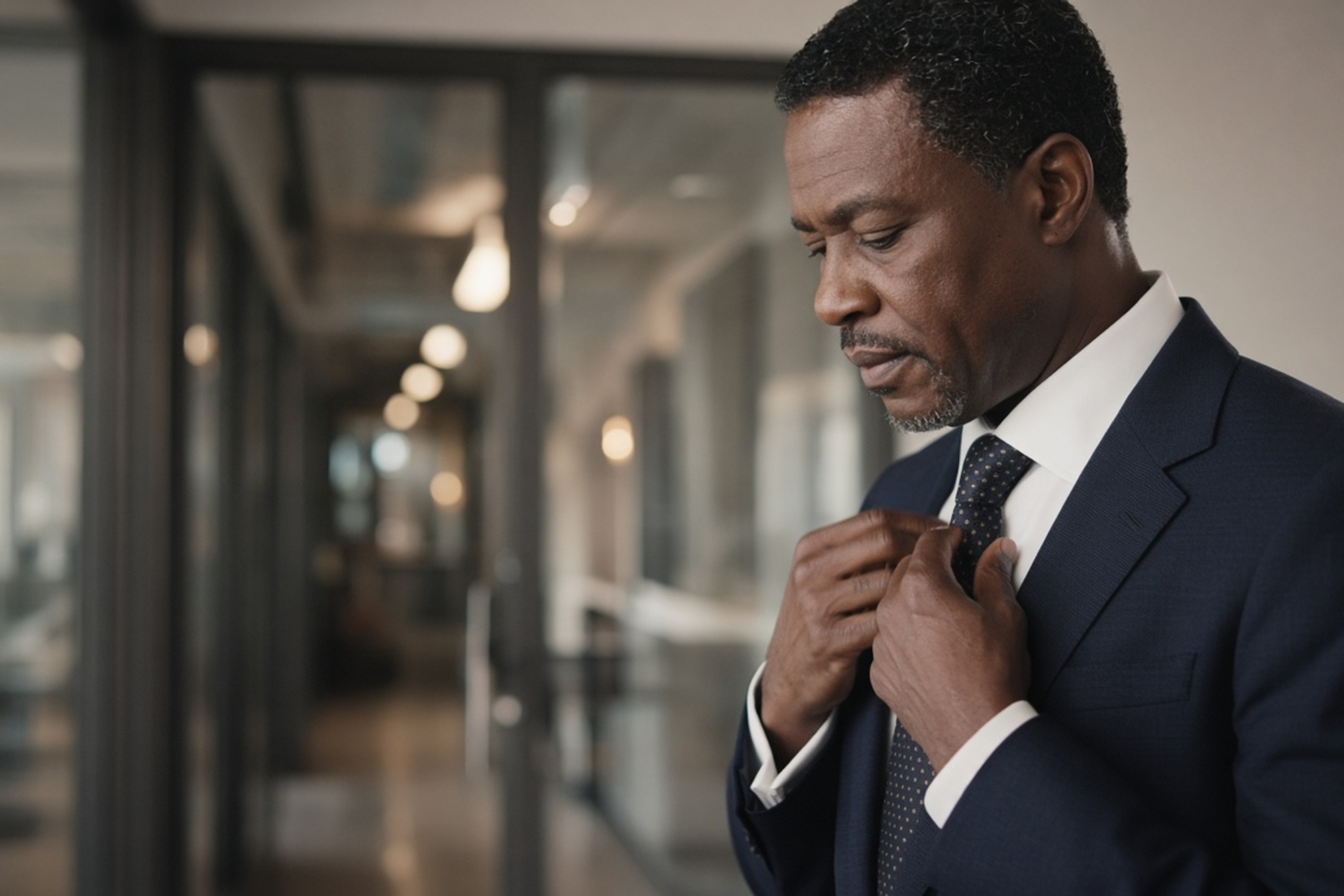 Man adjusting a full Windsor knot in an office corridor