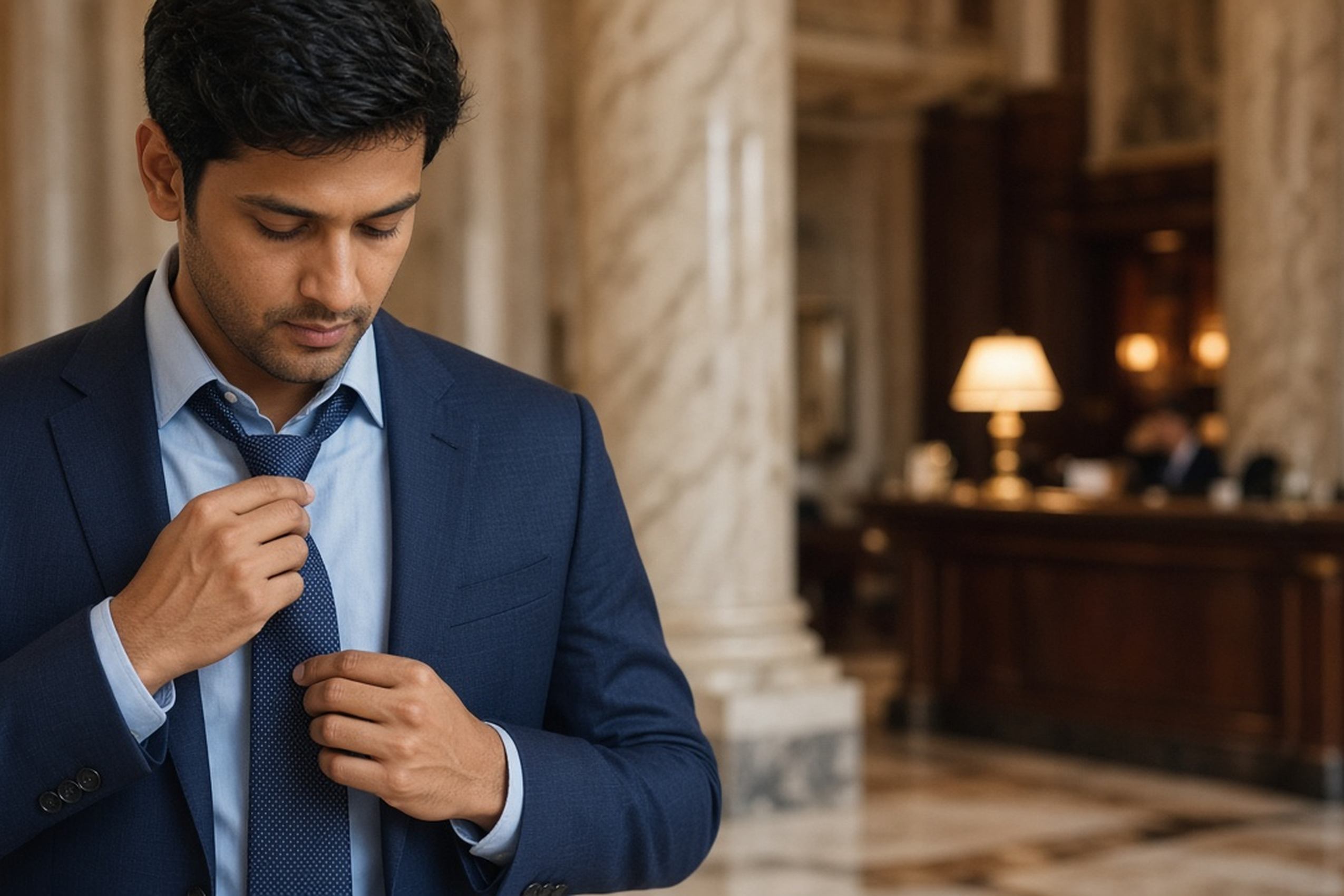 Man tying a half-Windsor knot in a hotel lobby