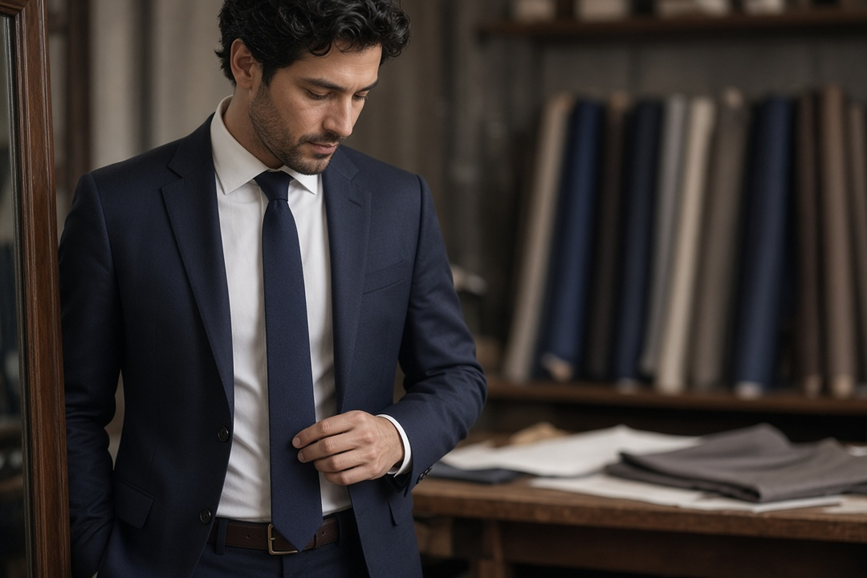 Man adjusting tie length beside a tailor shop mirror