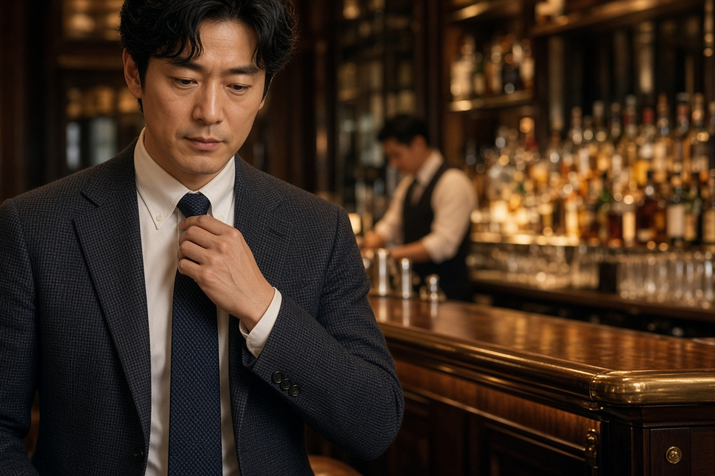 Man adjusting a flat, narrow Pratt knot at a hotel bar