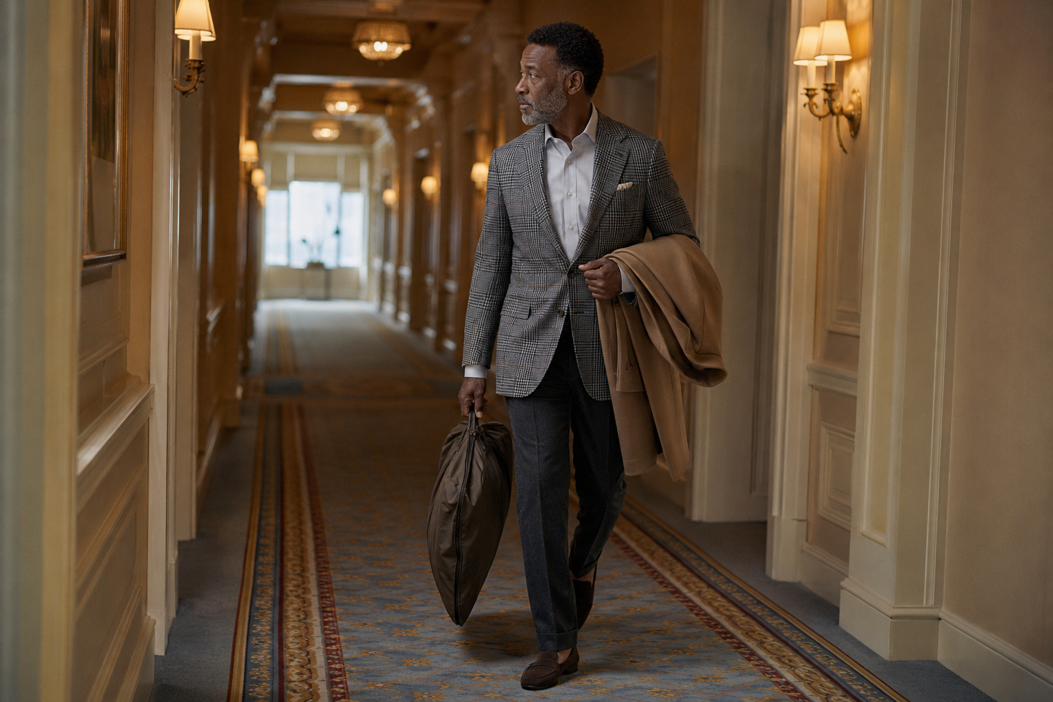 Man in a glen-check sport coat carrying a topcoat through a hotel corridor