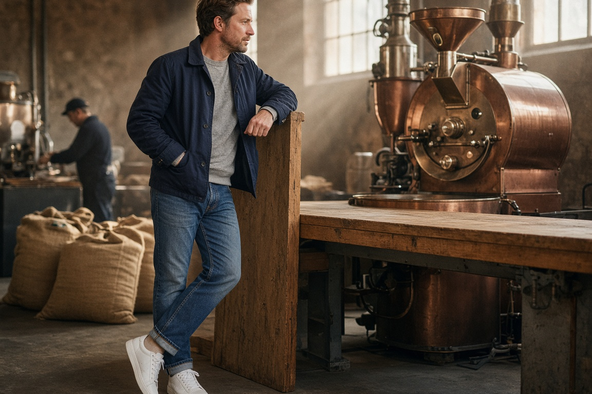 Man in white leather sneakers standing at a counter inside a coffee roastery