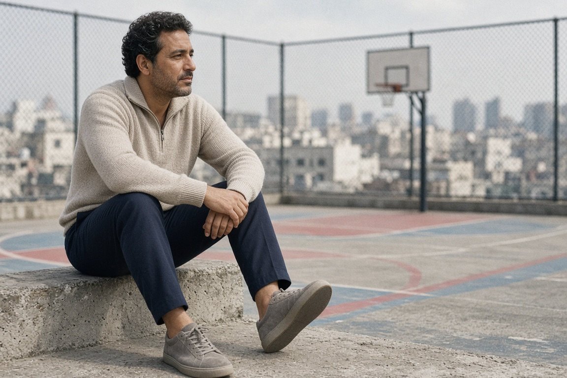 Man in grey suede sneakers seated on a concrete ledge at a rooftop basketball court