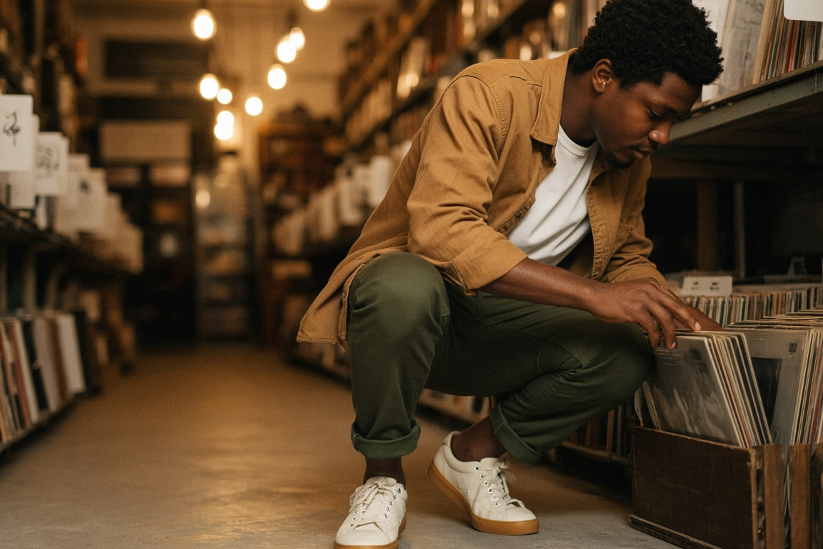 Man in off-white leather sneakers crouching to browse a crate of records