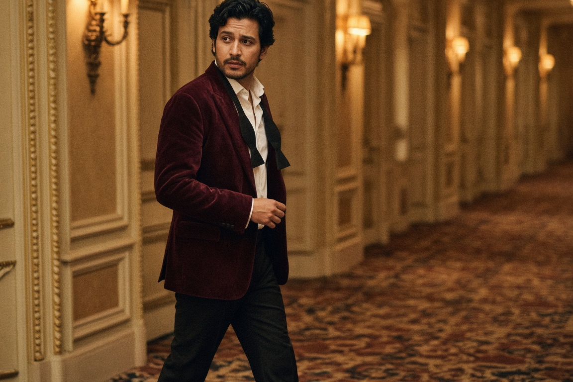 Man in a burgundy dinner jacket with an untied bow tie in a hotel ballroom corridor