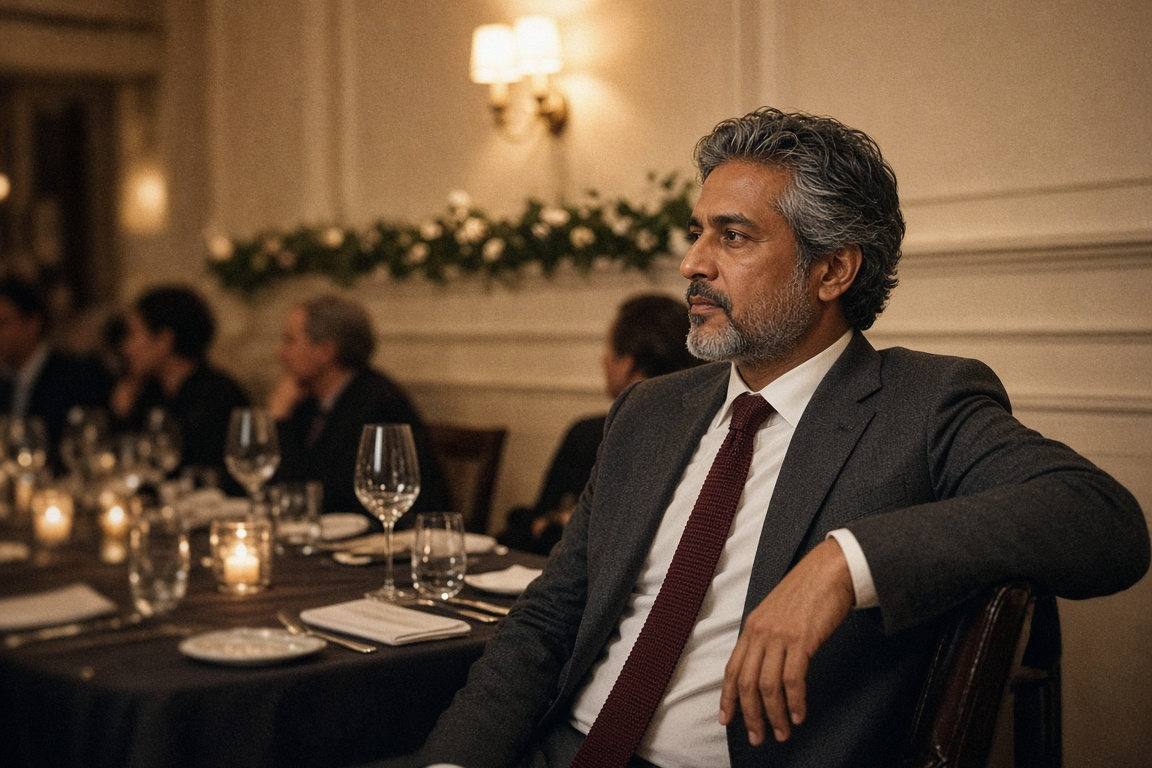 Man in a charcoal suit and burgundy knit tie at a restaurant private dining room