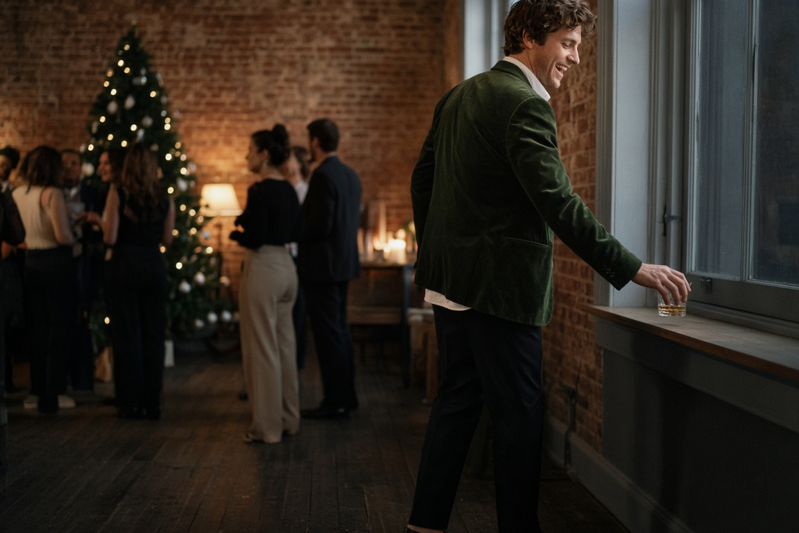 Man in a dark green velvet blazer setting down a glass at a loft party