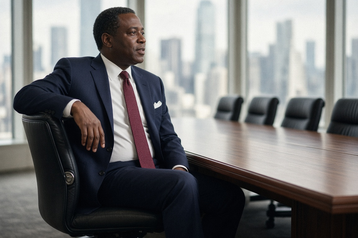 Man in a navy suit with a flat-folded white pocket square at a boardroom table