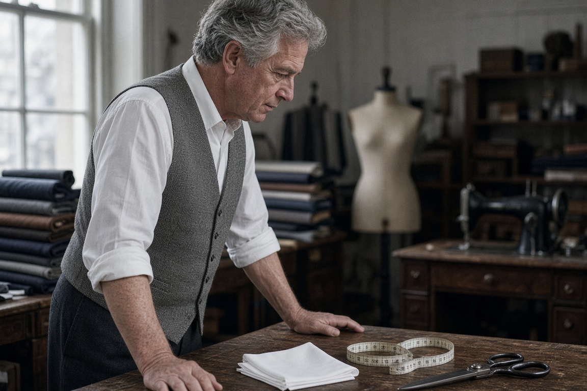 Tailor studying a flat-folded white pocket square on a cutting table