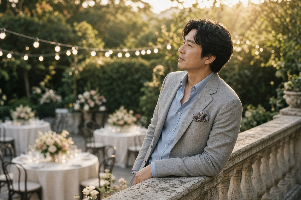 Man in a light grey sport coat with a silk puff pocket square at a wedding terrace