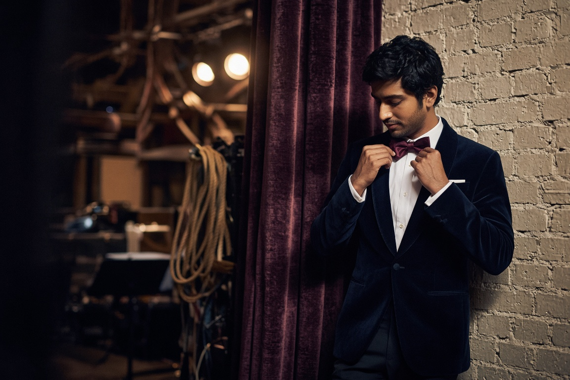 Man in a midnight blue dinner jacket adjusting a burgundy bow tie backstage