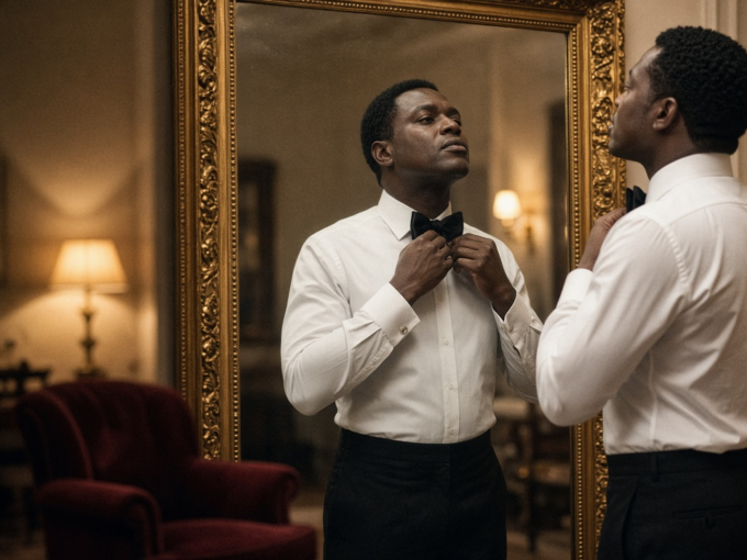 Man tightening a black silk bow tie at a hotel dressing room mirror before an evening gala