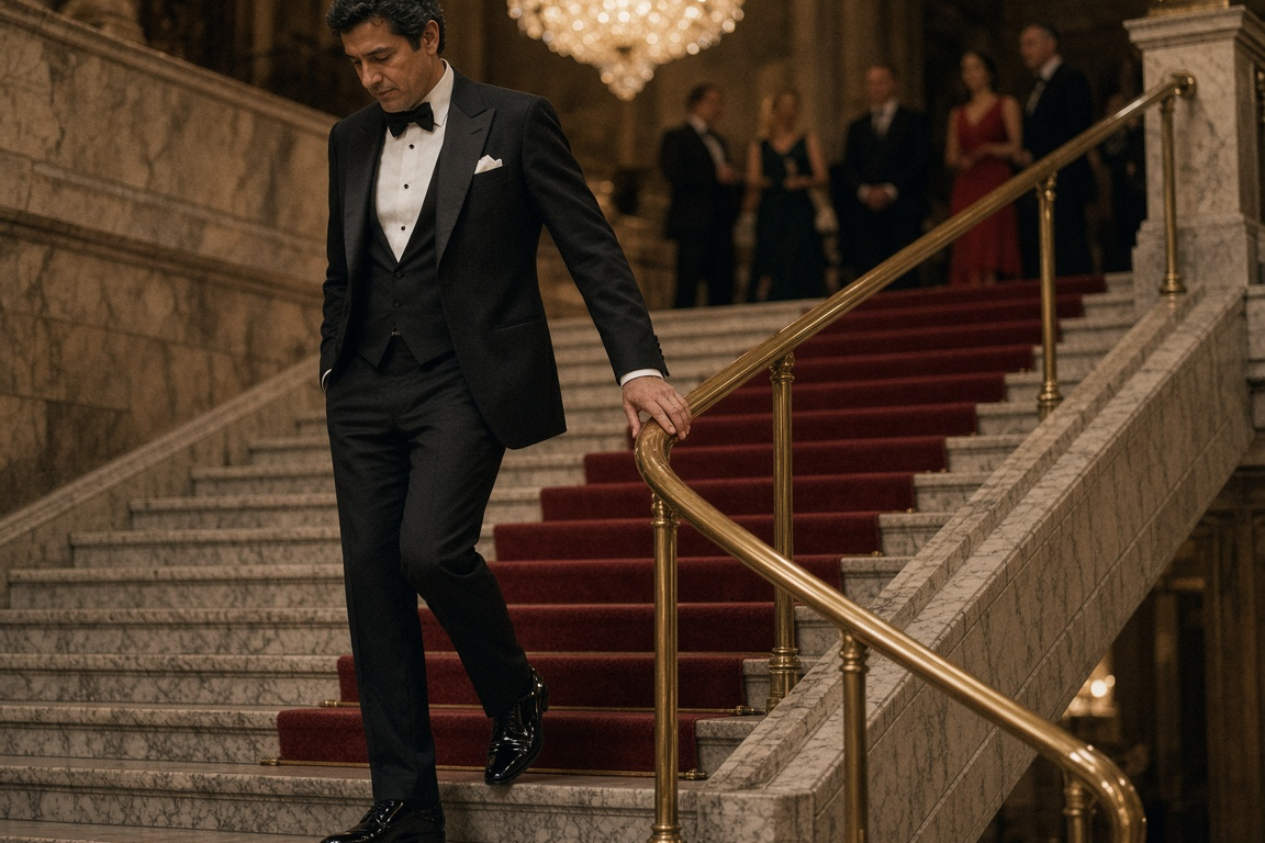 Man in a black tuxedo and bow tie walking down an opera house staircase